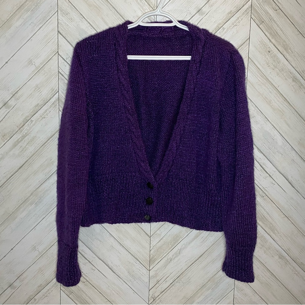 Hand knit purple cable knit trim sweater cardigan